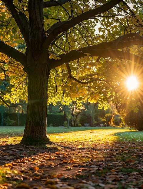 Golden Autumn Sunrise Through Tree in Park