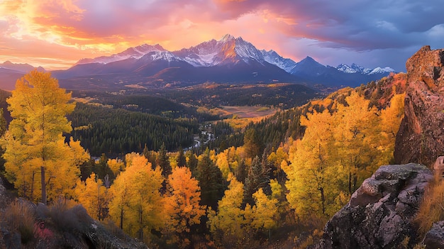 Photo golden autumn sunset over mountain range and forest