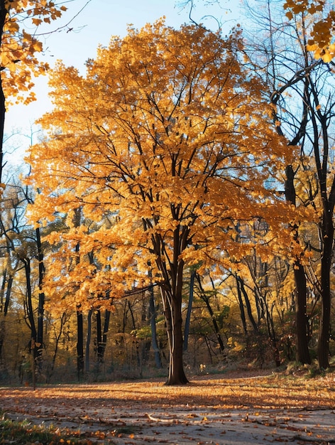 Golden Autumn Tree in Sunlit Forest