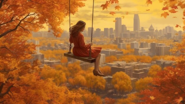 Golden autumn woman riding a swing