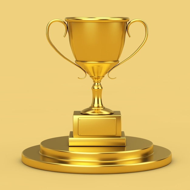 Golden Award Trophy Cup on a Golden Pedestal on a yellow background. 3d Rendering