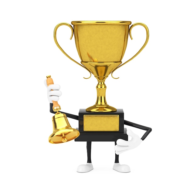 Golden Award Winner Trophy Mascot Person Character with Vintage Golden School Bell on a white background. 3d Rendering