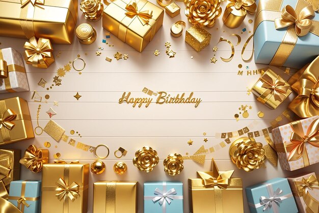 Golden background around christmas or birthday gifts on top view 3d rendering