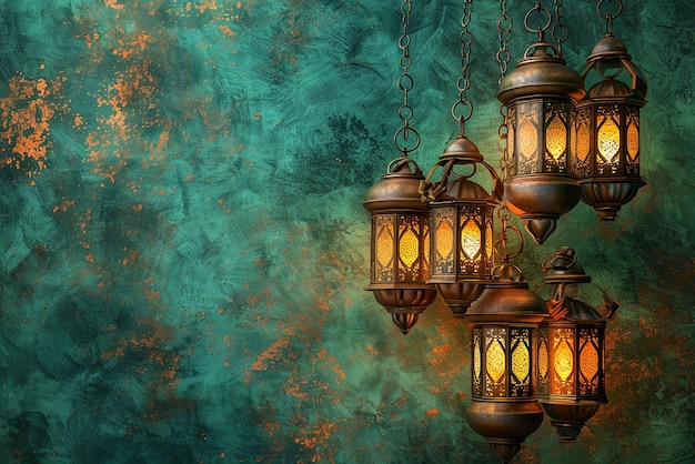 Golden Background Decorated with Lanterns on Green