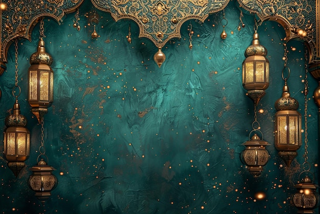 Golden Background Decorated with Lanterns on Green