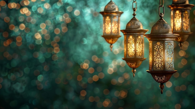 Golden Background Decorated with Lanterns on Green