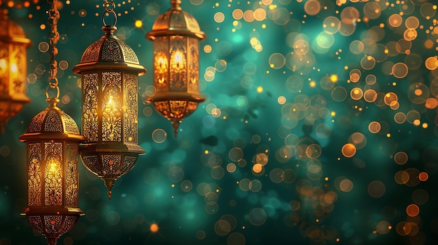 Golden Background Decorated with Lanterns on Green