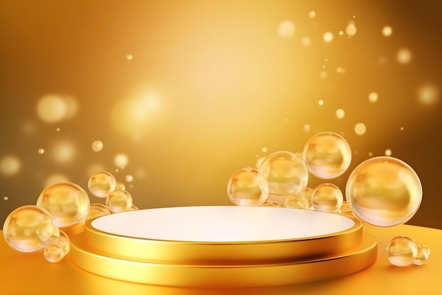 Golden background podium soap bubbles generative ai