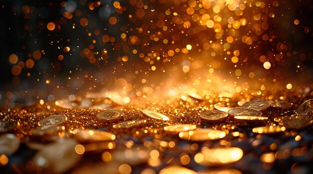 a golden background with a pile of gold coins