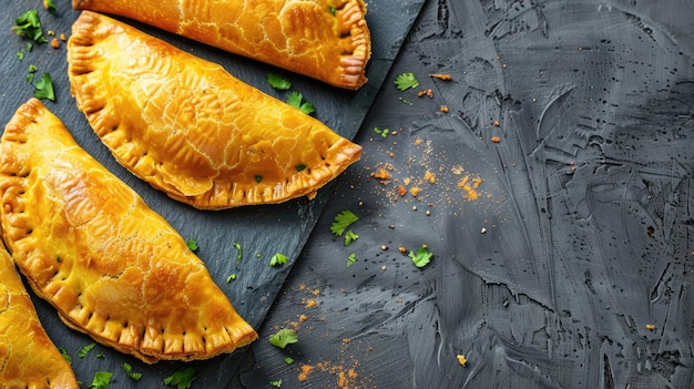 Photo golden baked empanadas on slate board garnished with fresh herbs