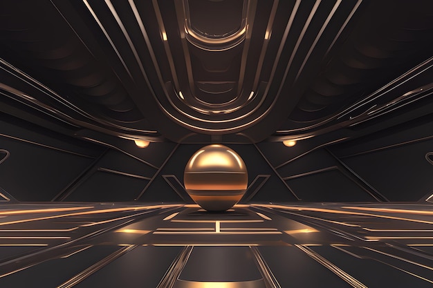 A golden ball in a dark room futuristic station space view