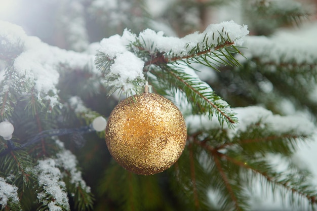 Golden ball on fir tree christmas tree with real snow and decorations