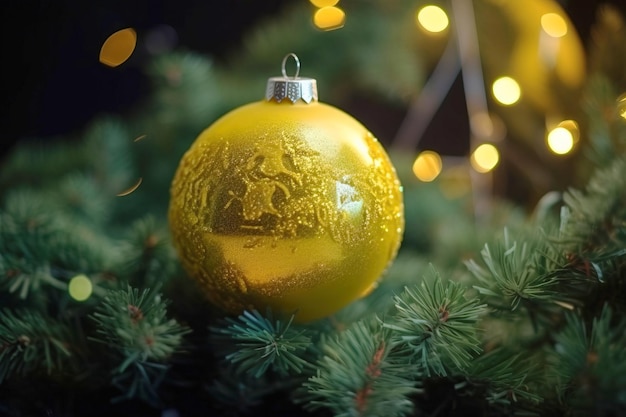 Golden ball and illuminated garland new year bauble on spruce branch with bokeh decorated christmas