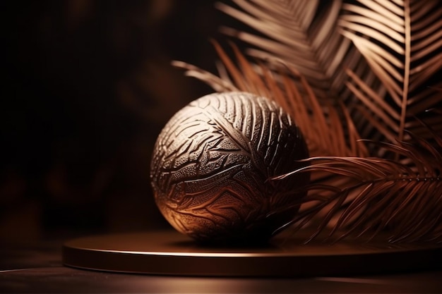 A golden ball sits on a plate with a feather in the background.