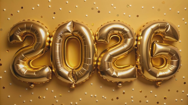 Photo golden balloon number 2026 on yellow background with confetti generative ai