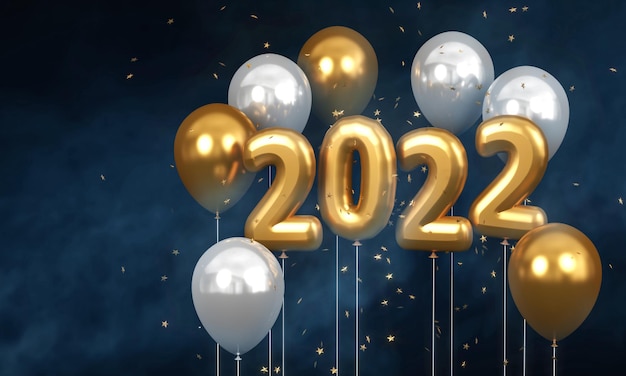 Golden balloons 2022 on dark background with smoke. 3d rendering.