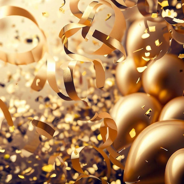 Golden balloons confetti celebration background and gold glitter sparkle texture background