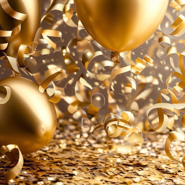 Golden balloons confetti celebration background and gold glitter sparkle texture background