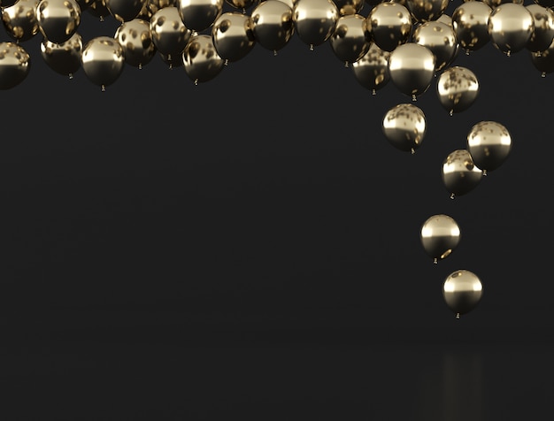 Golden of balloons floating out from the dark floor,minimal style,gift idea, 3D rendering.