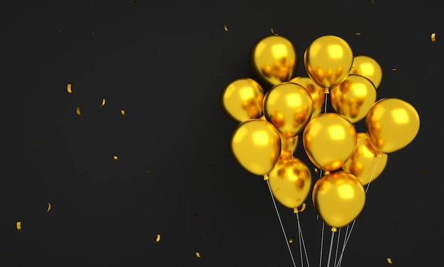 Golden balloons floating with confetti isolated for happy birthday background 3d