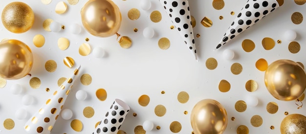 Golden Balloons and Party Hats on a White Background