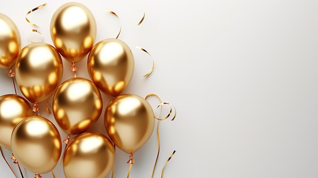 Golden balloons with ribbons on white background