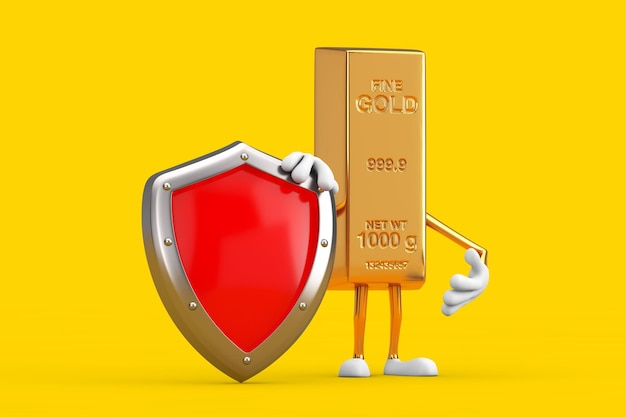 Golden Bar Cartoon Person Character Mascot with Red Metal Protection Shield on a yellow background 3d Rendering