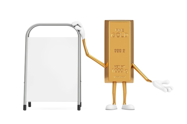 Golden Bar Cartoon Person Character Mascot with White Blank Advertising Promotion Stand on a white background 3d Rendering