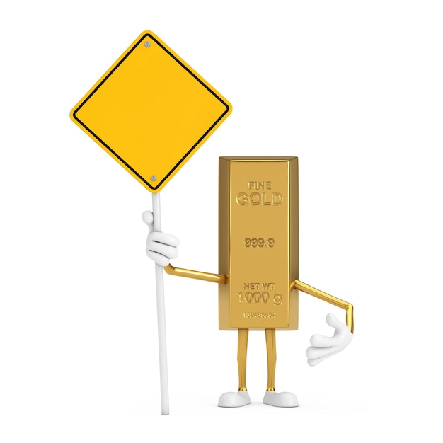 Golden Bar Cartoon Person Character Mascot and Yellow Road Sign with Free Space for Yours Design on a white background 3d Rendering