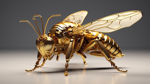 Golden Bee on Black Background 3D Illustration