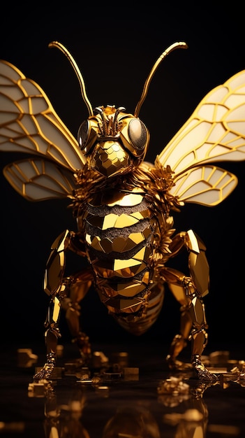 Golden Bee on Black Background 3D Illustration