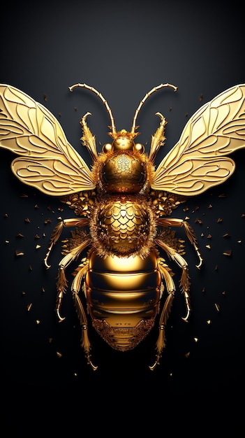 Golden Bee on Black Background 3D Illustration