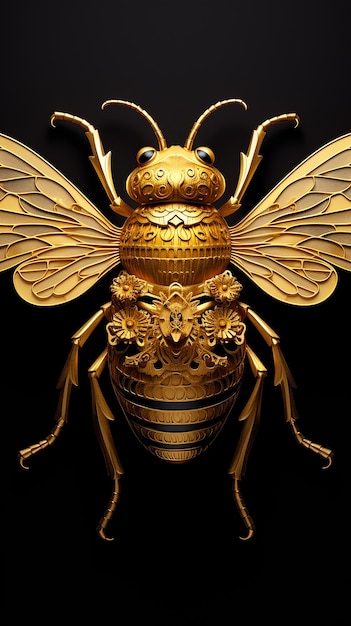 Golden Bee on Black Background 3D Illustration