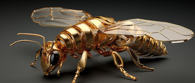 Golden Bee on Black Background 3D Illustration