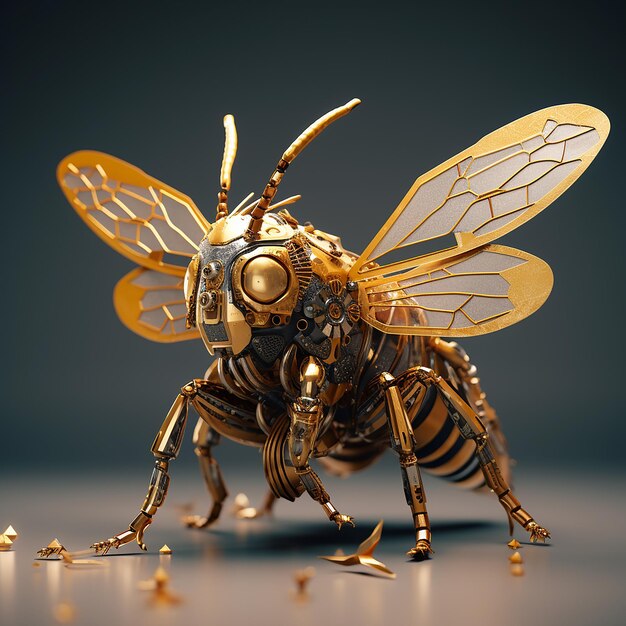 Golden Bee on Black Background 3D Illustration