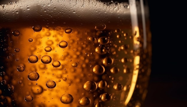 Golden beer glass with frothy bubbles generated by AI