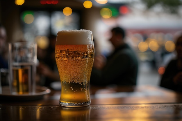 Golden beer with creamy foam on table amidst bar buzz generative AI