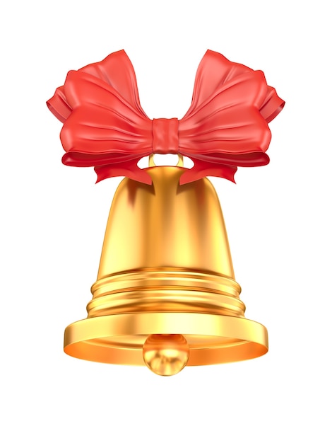 Golden bell with bow on white background. Isolated 3D illustration