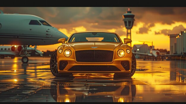 Photo golden bentley at sunset airport