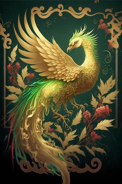 Golden bird sitting on top of a lush green background generative ai