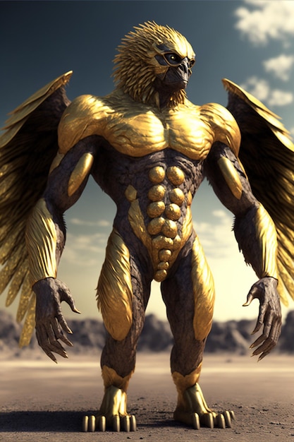 A golden bird with a large body and a large body with a large body and a large body with a large body and a large body with a large gold wings.