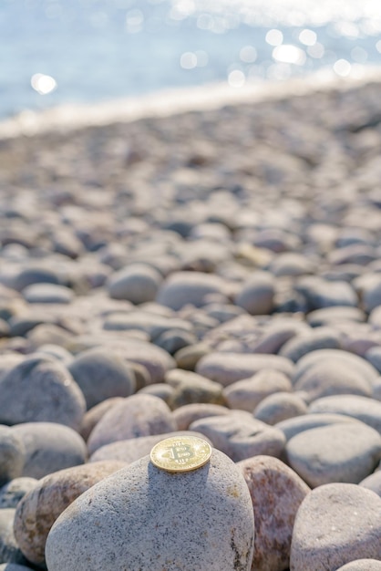 Golden bitcoin coin in natural stones New financial system