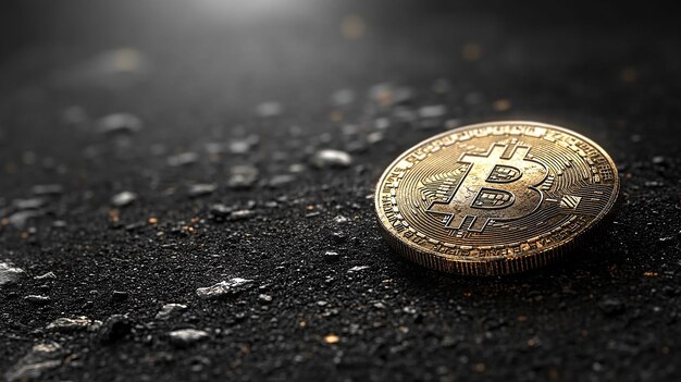 Golden Bitcoin coin on a textured dark rock surface highlighting the cryptocurrencys value solidity