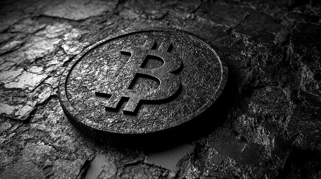 Photo golden bitcoin coin on a textured dark rock surface highlighting the cryptocurrencys value solidity