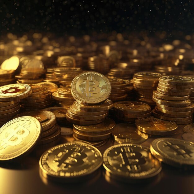 Golden Bitcoin Coins on Digital Banking Background