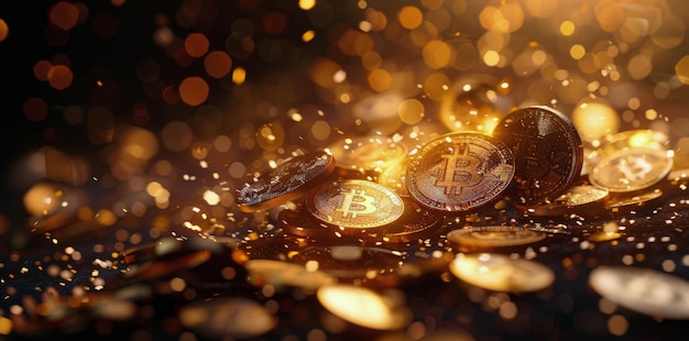 Golden Bitcoin Coins Falling and Glimmering in the Dark