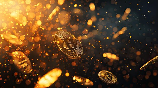 Golden Bitcoin coins falling with a dynamic motion blur on a tech background