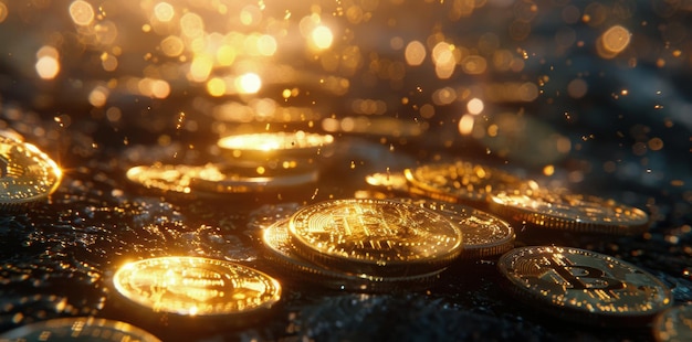 Golden Bitcoin Coins Scattered on Dark Surface With Light Bokeh