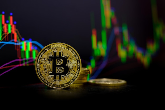 Golden bitcoin cryptocurrency at trading chart background