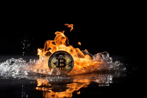 Golden bitcoin on fire isolated on black background